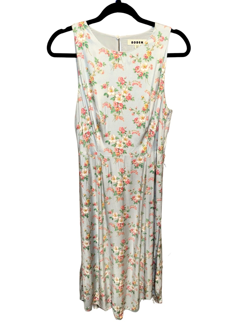 Boden Pale Blue Floral Sleeveless Midi Dress Pink Coral Blooms With Pockets US10